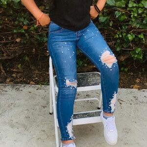 Ankle Skinny Pearled Distressed Blue Jeans Size 11